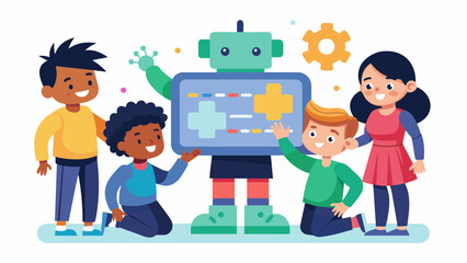 Gathering around a large touchscreen a group of kids happily collaborate to program a virtual robot through a series of challenging puzzles.. Vector illustration