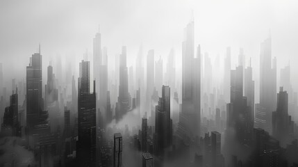 A black and white photo of a futuristic city with tall skyscrapers and a heavy fog.