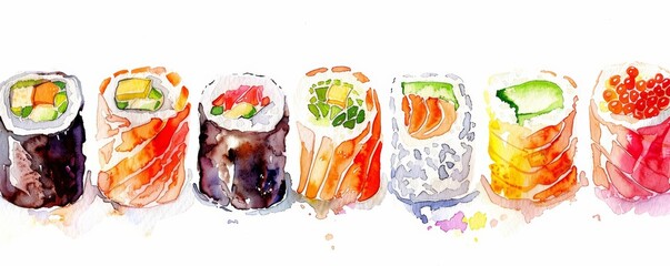 Cute watercolor of food depicting sushi rolls in kawaii styles, clipart kawaii watercolor on white background