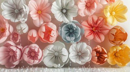 A wall composed of oversized balloons resembling dew-kissed spring blooms, with realistic drops of morning dew on petals, set against a white floor, 