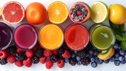 Vibrant Variety of Freshly Squeezed Fruit Juices: From Red to Green. Concept Fruit Juices, Fresh Squeezed, Vibrant Colors, Red to Green, Variety