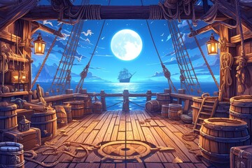 Fototapeta premium Pirate ship deck background. The scene includes the interior of an old pirate galleon at night with lanterns and the sea in front. There is also a full moon shining on the water. 
