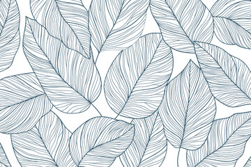 Tropical leaf line art wallpaper background vector. Natural leaves pattern design in minimalist linear.