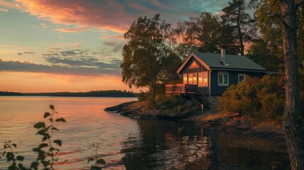 a simple house on the edge of the lake with the sunset in the background on summer. generative ai