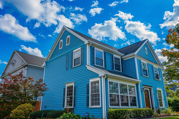 A cool cerulean blue house with siding, located on a generous lot in a suburban neighborhood, with traditional windows and shutters, under a vibrant blue sky.