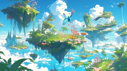 A surreal garden scene with floating islands adorned with fantastical flowers and plants anime style