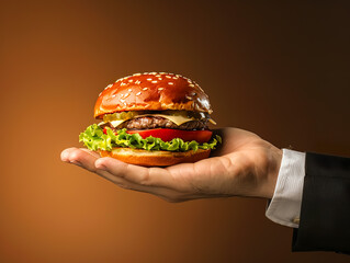 healthy eating concepts with hamburger on male hand.closeup fastfood studio shot with advertisement...