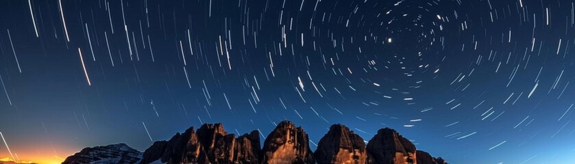As the Earth rotates, stars streak across the night sky above towering mountains, creating a mesmerizing display of light and shadow - obrazy, fototapety, plakaty