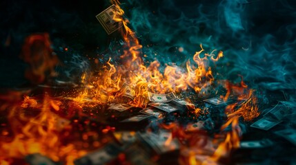 Burning money, blue tones, financial loss, economic downturn