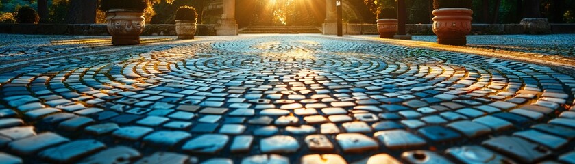 Fototapeta premium In a sunlit courtyard, a circular mosaic of blue and white tiles shimmers, casting a serene and peaceful ambiance 8K , high-resolution, ultra HD,up32K HD