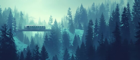 Look strange of transport where magnetic levitation trains glide silently through forest canopies, illustrated in a minimal style, sharpen Cinematic Look for a sleek presentation