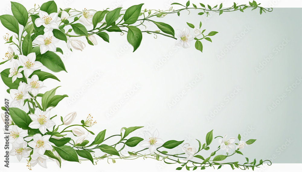 Poster isolated botanical design featuring twisting jasmine vines as a horizontal frame border, with transp