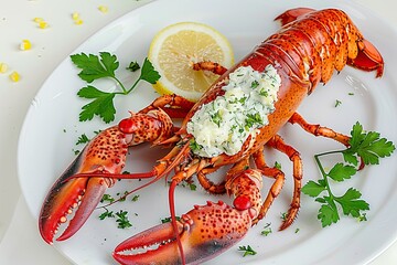 Lobster with flavored butter. Herb butter, lemon. Delicious healthy traditional food