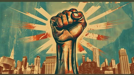 Powerful Fist Rises Above Towering City Skyline Symbolizing Resistance and Determination for Change - obrazy, fototapety, plakaty