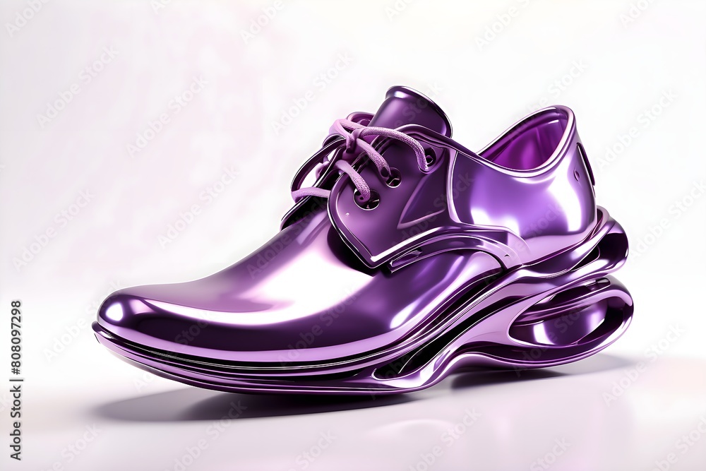 Wall mural 3D shoe made of purple metal, white background and smooth all around.