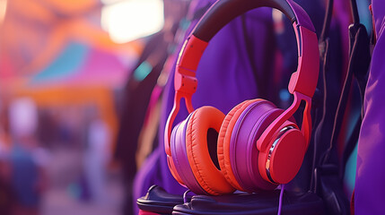A close-up shot of a pair of headphones resting on a colorful backpack at a music festival