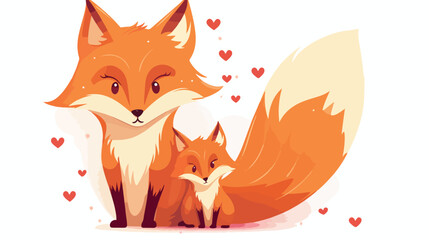 Adorable foxes mother and child standing surrounded