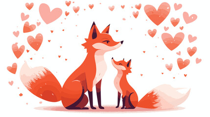 Adorable foxes mother and child standing surrounded