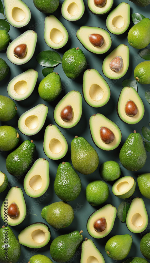 Poster seamless tileable background of fresh avocado pattern in top view, created using generative ai