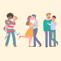 Happy couples spending time together flat illustration