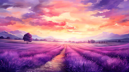 Generate a watercolor background of a vibrant sunset over a rolling lavender field