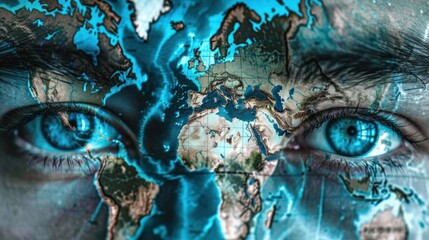 Close-up of blue eyes with a superimposed detailed world map indicating global awareness and insight, banner - Powered by Adobe