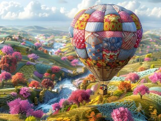 Take me on a journey through a vibrant landscape of colorful hills and valleys, where a patchwork hot air balloon soars above a river and lush forests.