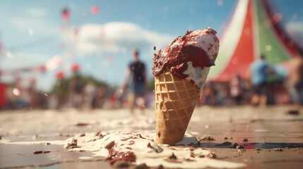 A close-up shot of a spilled ice cream cone melting on the ground at a music festival