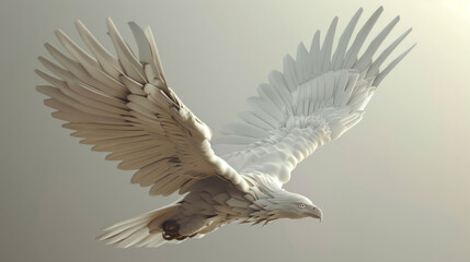Obraz premium A majestic white eagle sculpture captured in full flight, showcasing detailed feathers and a powerful expression.