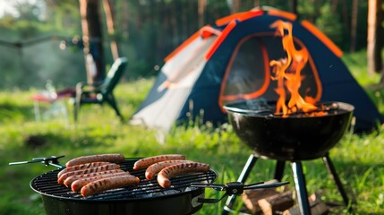 Grilling sausages on a BBQ with a tent and campfire in the background