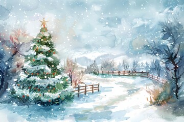 Watercolor of holiday featuring a snowy Christmas scene in vintage styles, clipart watercolor easy detail on white background