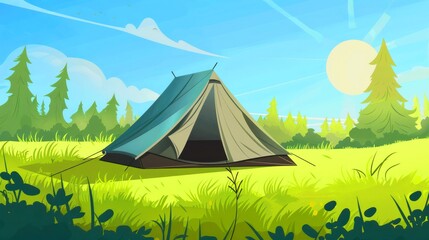A single tent pitched in a sunny forest clearing