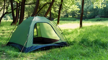 A tent pitched in the middle of a forest