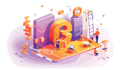 Agile isometric text design with violet sign and bu