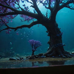 Fototapeta premium a tree with purple flowers growing in the water