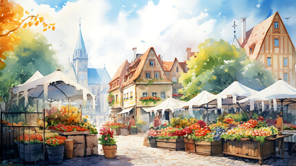 Generate a watercolor background featuring a lively farmers' market in the heart of a European village