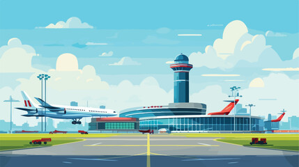 Airport with tower of control room flying plane pas