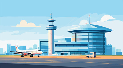 Airport with tower of control room flying plane pas