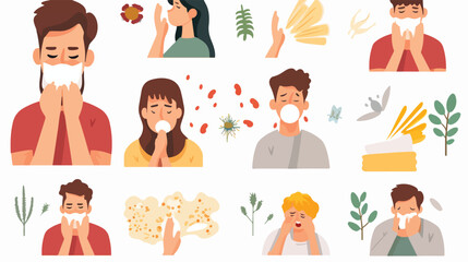 Allergy icons set with symptoms of disease and fact