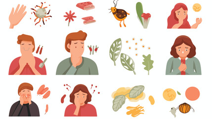 Allergy icons set with symptoms of disease and fact