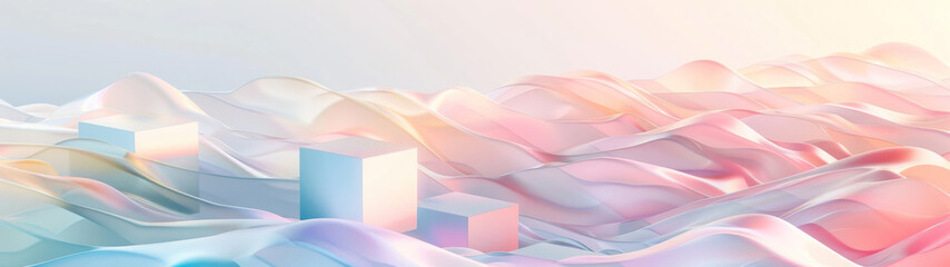 Geometric Illusion, 3D cubes merging into a fluid landscape, Dynamic dimensions on a pastel background, Copy space