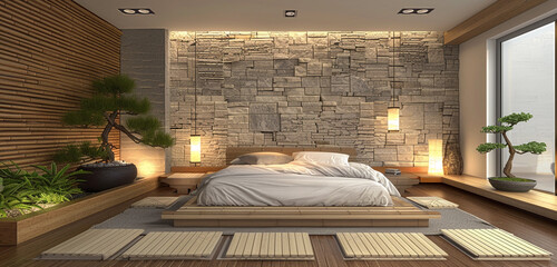 A Zen-inspired master bedroom, offering a peaceful retreat with a minimalist design, featuring a...