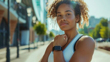 Black woman, Fitness model in athletic wear, using fitness trackers and tech gadgets.