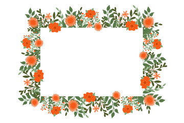 Greeting floral horizontal card or banner template with flat stylized plants. Spring or summer on white background. Flat hand drawn colored rectangle. Trendy print design for interior decor