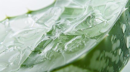 Close-up of an Aloe vera slice, the translucent gel visible inside, vividly captured against a stark white background for a clean look