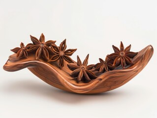 Dynamic arrangement of star anise pods forming a gentle curve, showcased on a pristine white background to accentuate their aromatic qualities
