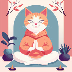 Vector illustration of a cat meditating in a room in a calm relaxing atmosphere.
