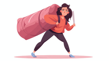 Annoyed young woman carries on back huge heavy bag