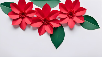 Beautiful red poinsettia flowers with green leaves on white background