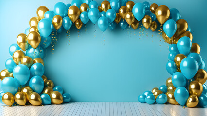 colorful balloons on blue background with golden confetti